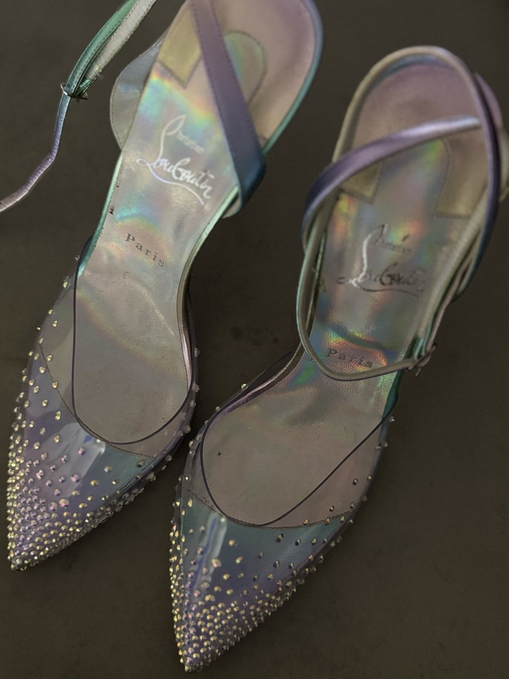 Christian Louboutin Spikaqueen Iridescent Crystal-Embellished Ankle-Strap Pumps - Picture 3 of 9